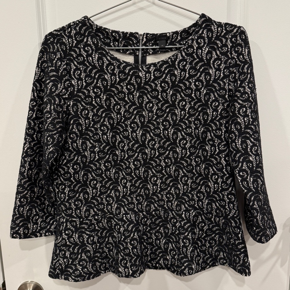 J. Crew Black and White Lace Peplum Blouse - Vintage